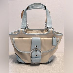 Coach 1882 Soho Twill Leather Trim Light Blue & Cream Satchel Tote Handbag